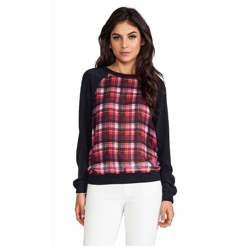 PJK Patterson J Kincaid Revolve‎ Plaid Silk Top Women’s XS Long Sleeve Crew Neck
